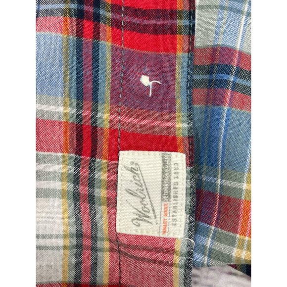 Mens WOOLRICH Red Blue Gold Plaid Short Sleeve Button Down Shirt sz XL - Picture 7 of 9